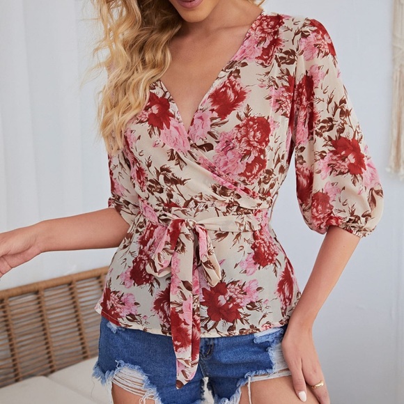 SHEIN Tops - Floral Wrap 3/4 Sleeve Blouse - SZ M